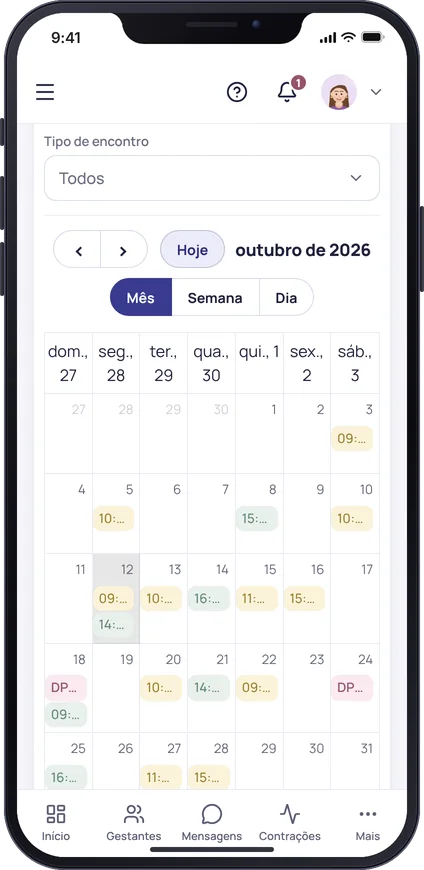 Tela da agenda do MinhaDoula no celular, com o calendário do mês e os encontros