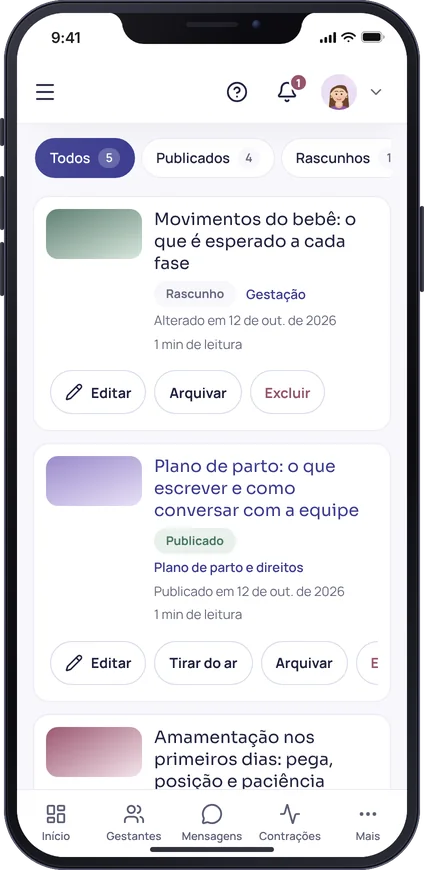 Tela do blog de artigos do MinhaDoula no celular, com a lista de artigos publicados