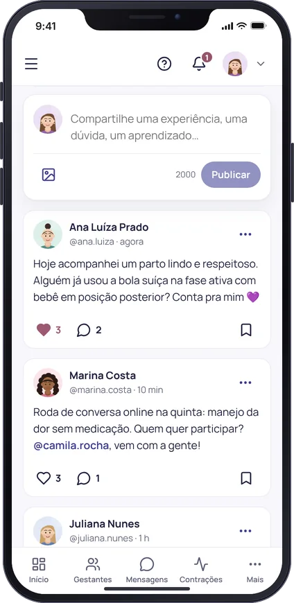 Tela da Comunidade de doulas do MinhaDoula no celular, com publicações de doulas