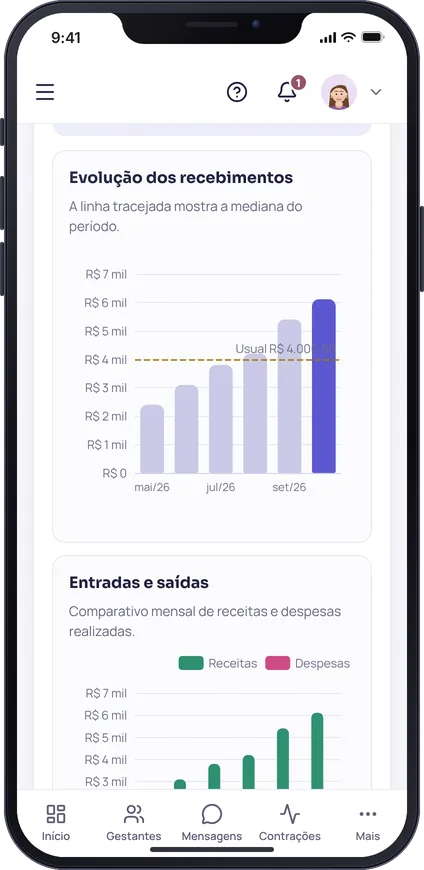 Tela do financeiro do MinhaDoula no celular, com o gráfico de evolução dos recebimentos