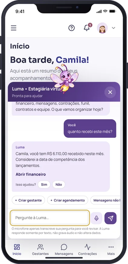 Conversa com a Luma, a estagiária virtual do MinhaDoula, respondendo quanto a doula recebeu no mês