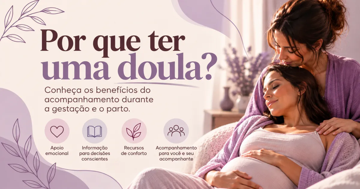 Capa em tons de roxo, lilás e creme, com uma gestante recebendo apoio acolhedor de uma doula. A imagem representa o cuidado, o apoio emocional.