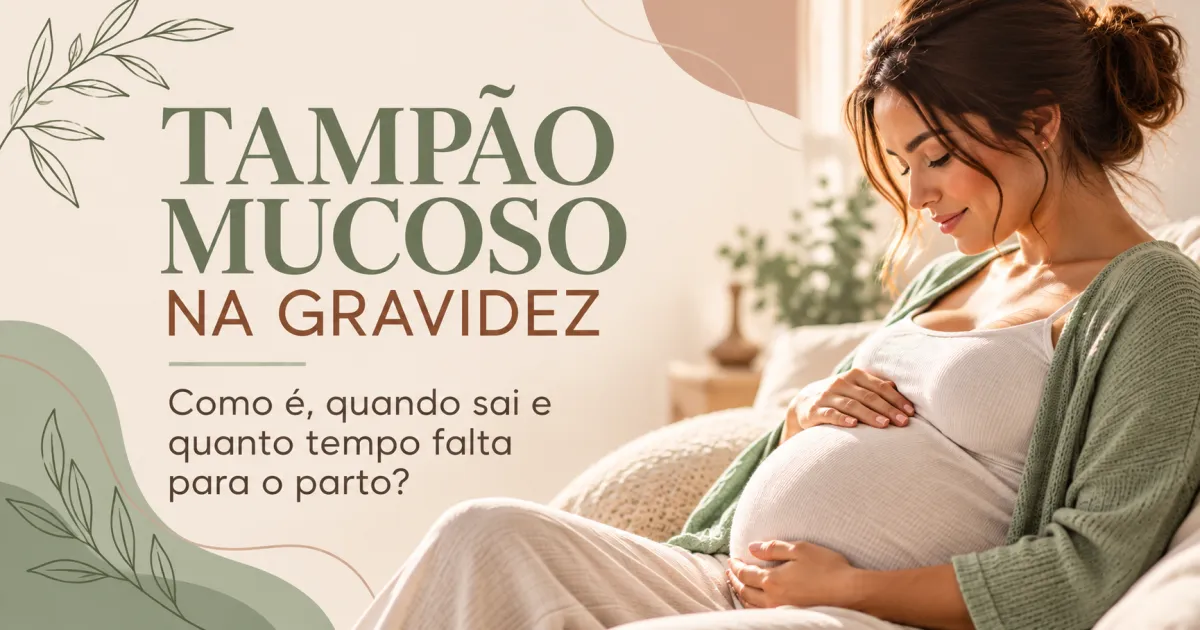 Capa educativa sobre o tampão mucoso na gravidez, explicando quando ele pode sair e sua relação com o início do trabalho de parto.